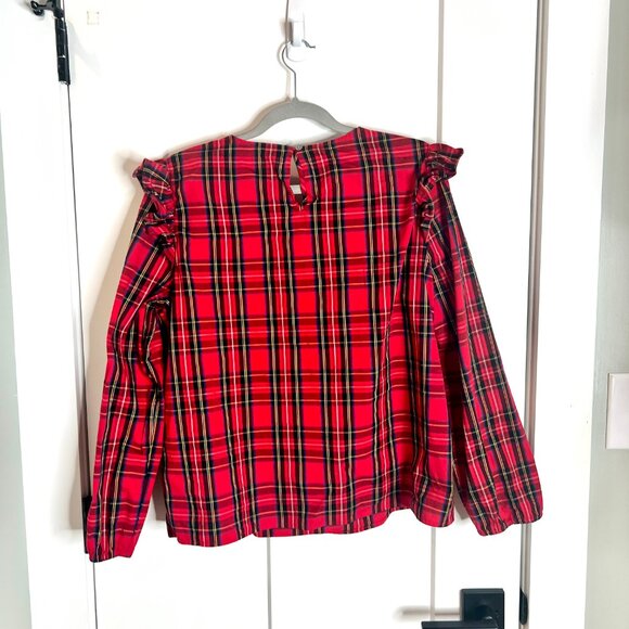 J. Crew Red Tartan Plaid Ruffle-Trim Woven Top Christmas Party Preppy Size Large - Picture 5 of 5